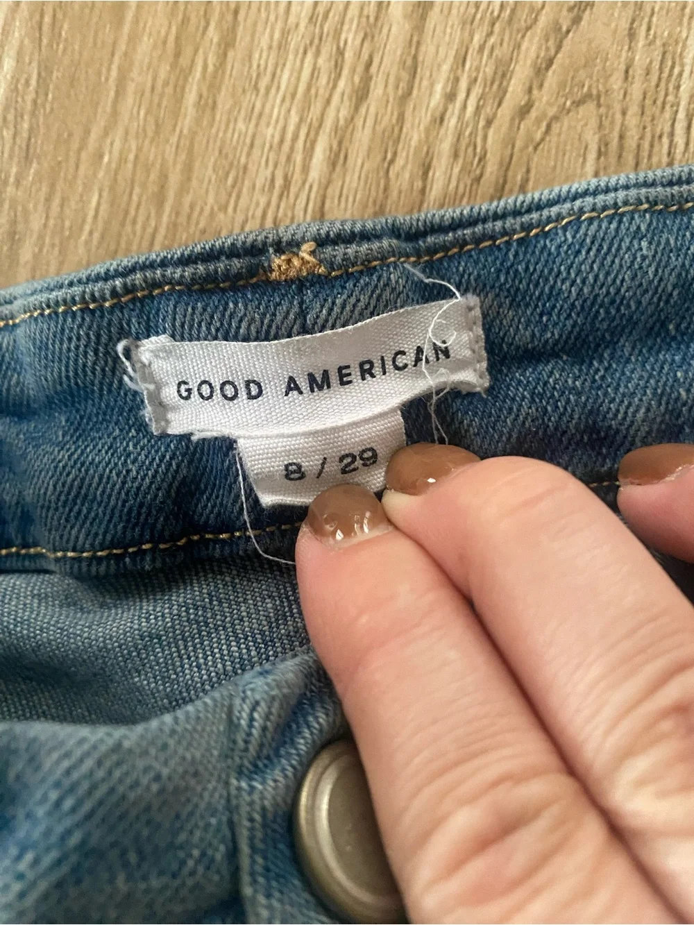 Good American  Blue Straight Leg Jeans with Distressed Knee